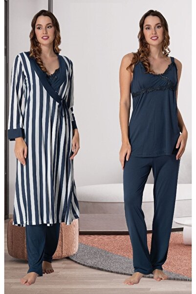 Lohussa Kadın Lacivert Çizgili Askılı Pamuklu Hamile Lohusa Sabahlık,pijama T...