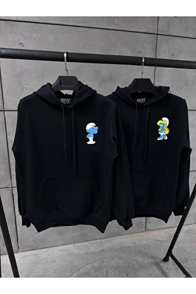 Be Original سويت شيرت بقلنسوة للزوجين المحبوبين من 3 خيوط مطبوع عليها السنافر