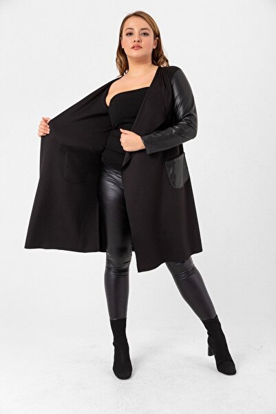 Laranor Black Large Size Leather Sleeve and Pocket Detail Shawl Collar Scuba Cardigan
