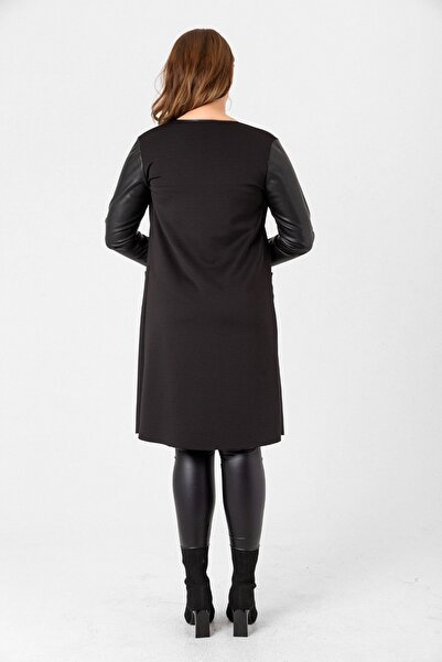 Laranor Black Large Size Leather Sleeve and Pocket Detail Shawl Collar Scuba Cardigan