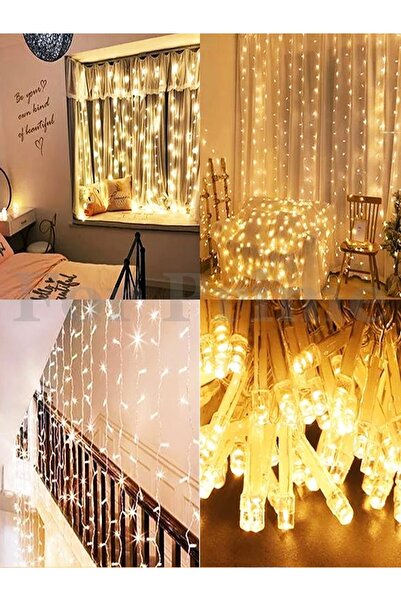 epazzar 3x3 Metre 12 Saçak 240 Led Şeffaf Kablolu 8 Fonksiyonlu Perde Led Gün...