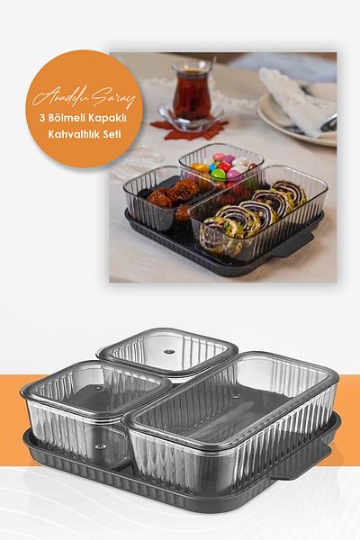 Anadolu Saray Çarşısı Acrylic Breakfast Set with Presentation Tray - 3 Compartments and Lid, Gray