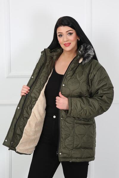 By Alba Collection Women's Khaki Bag Pocket Quilted Wool Large Size Coat