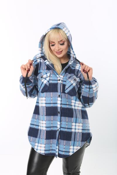 xlargebutik Plus Size Women's Clothing Fleece Fabric Blue Shirt