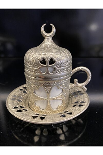 En Ucuz Mağaza فنجان قهوة تركي من البورسلين الفضي/الفضة 11 نيكل كلوفر مع صحن