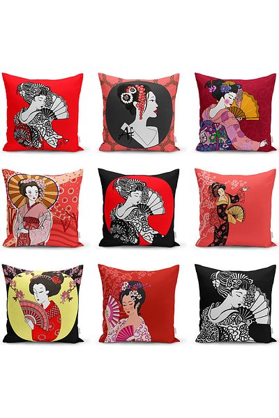 Realhomes Double Sided Black and Red Gray Japanese Girl Motif Raschel Knitted Pillow Case on the Floor
