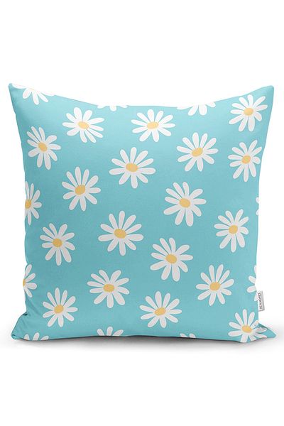 Realhomes Double Sided Blue Background Daisy Drawing Digital Printed Modern Raschel Knitted Pillow Throw Pillow Cover