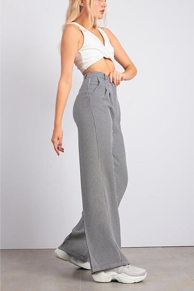 Ortaya Çık Black and White Houndstooth Fabric Palazzo Trousers