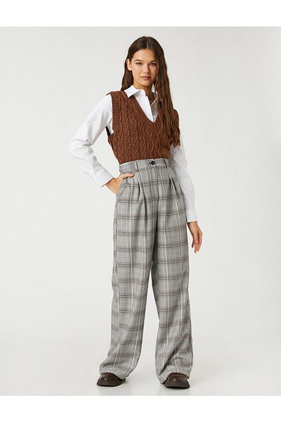 Koton Palazzo-Hose mit weitem Bein, karierte Tasche, detaillierte Falten