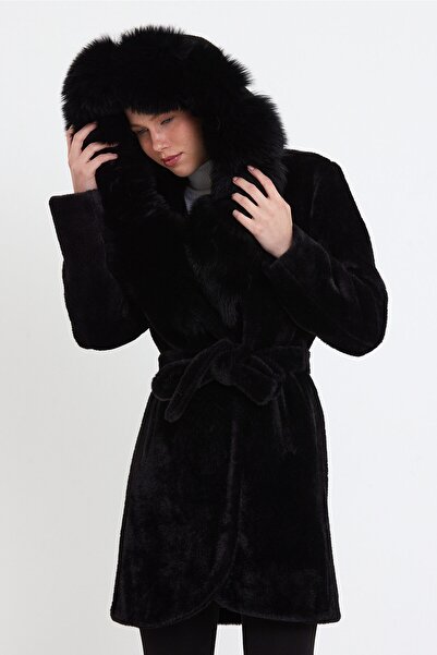 nero leather fur Siyah Alkantara Kumaş Kadın Kaban Kapüşon Kürklü, (regular F...