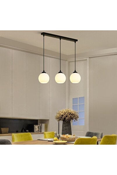 RİOLİGHT Modern Masa Üstü Opal Camlı 3xe27 Duylu Siyah Metal Gövde Sarkıt Avi...