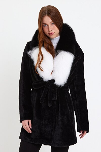 nero leather fur Siyah Alkantara Kumaş Kadın Kaban Yaka Kürklü, Yakadaki Kürk...