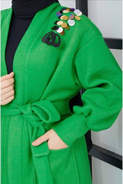 She Olive Sequin Hijab Stamp Coat -green