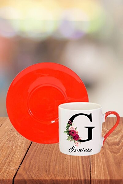 Florence Event Kişiye Özel Isim Yazılı G Harfi Kırmızı Türk Kahvesi Fincanı