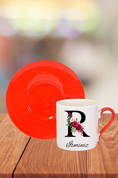 Florence Event Kişiye Özel Isim Yazılı R Harfi Kırmızı Türk Kahvesi Fincanı