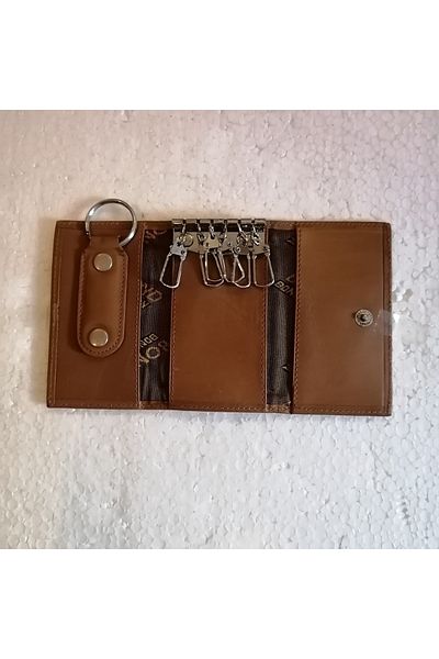Bond Unisex Genuine Leather Burnt Camel Keychain with 3 Hidden Compartments and 6 Silver Hooks