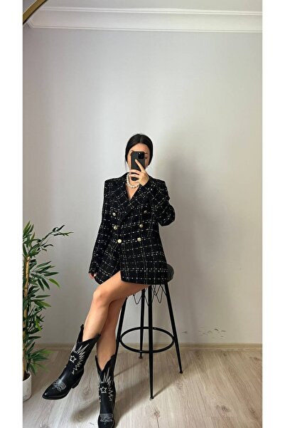 Pubblica Women's Black Plaid Pattern Button Detail Lined Double Breasted Collar Tweed Fabric Blazer Jacket