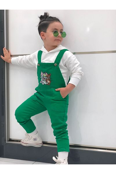 Pink Hippo Kids Unisex Tom And Jerry Embroidery Detailed Children's Overalls And Hooded Sweatshirt