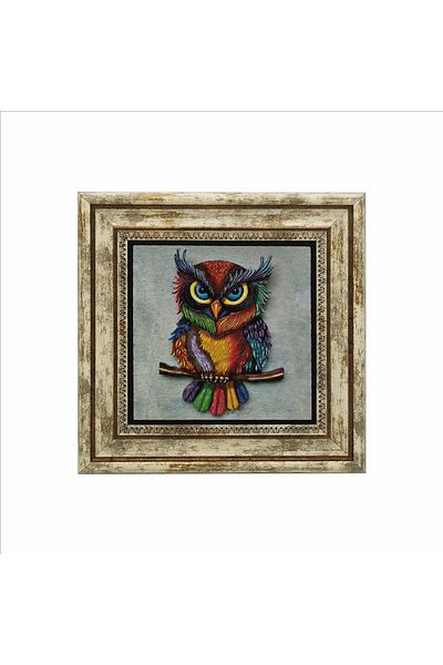 Sadrazam Owl Printed Natural Stone Painting 25Cmx25Cm Krg-162