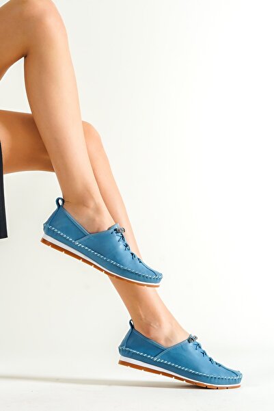 Deripabuc Genuine Leather Denim Blue Women's Leather Ballerinas Dp16-0051