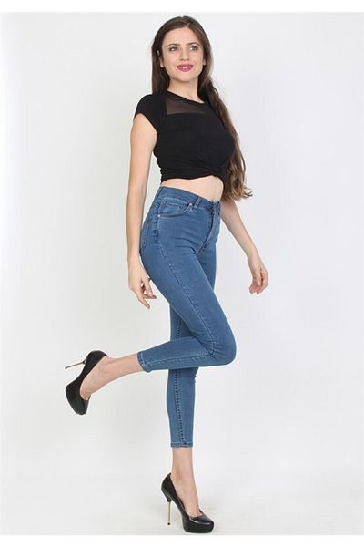 LAMİRA Skinny Blue Picior Skinny Talie înaltă Lycra Pantaloni flexibili din denim Jean