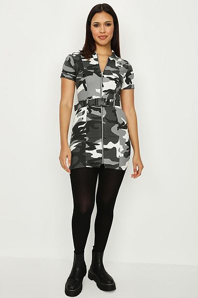 Select Moda Women's Gray Camouflage Patterned Zippered Belted Denim Dress