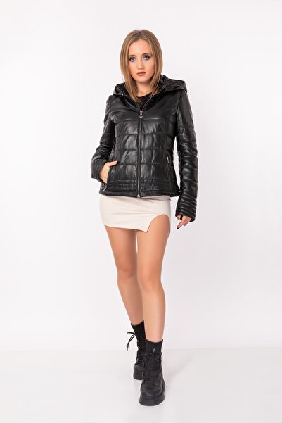 NEW VENTURE GIAN FERRE SOLID LEATHER Hakiki Deriden Şişme Mont Siyah Kapüşonlu