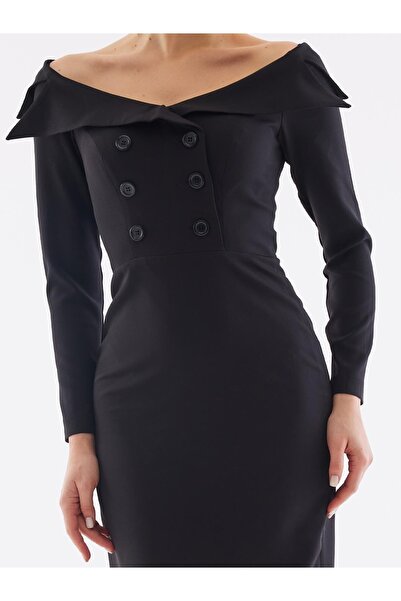 Juste Studio Чорна сукня-міді з вирізом-човником на ґудзиках