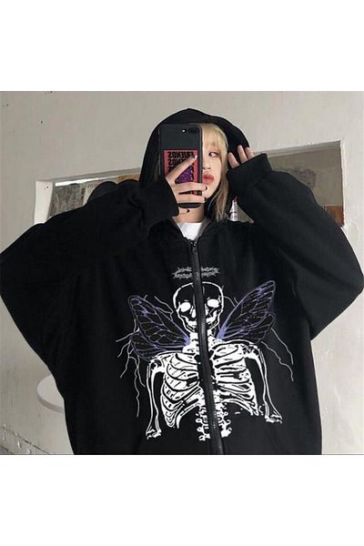 Touz Harajuku Angel Skeleton Pattern - Ζακέτα με φερμουάρ και χοντρή