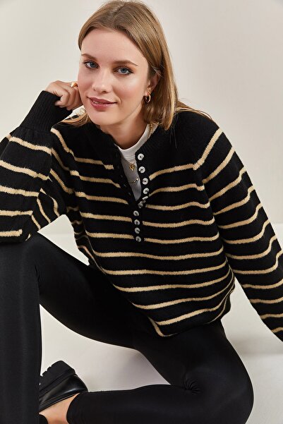 Bianco Lucci Pulover de damă, cu guler cu nasturi, tricotaj în dungi