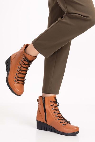 Gondol Kadın Hakiki Deri Kaymaz Dolgu Topuk Fermuarlı Bot Esfa.2451 - Taba - 40