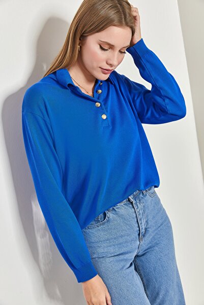 Bianco Lucci Women's Cobalt blue Polo Collar Buttoned Sweater 40201001