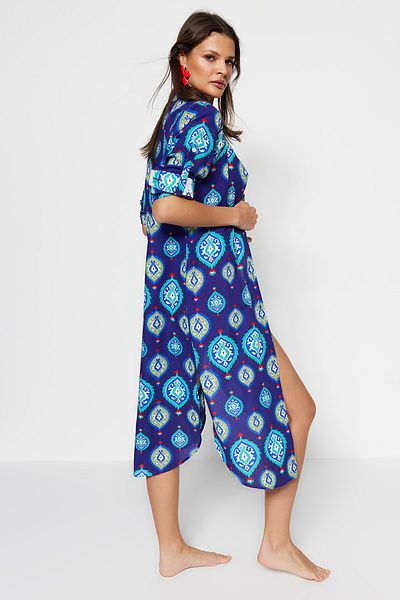 Trendyol Collection Etnické vzorované midi plážové kimono a kaftan - 100% bavlna TBESS21KM0010