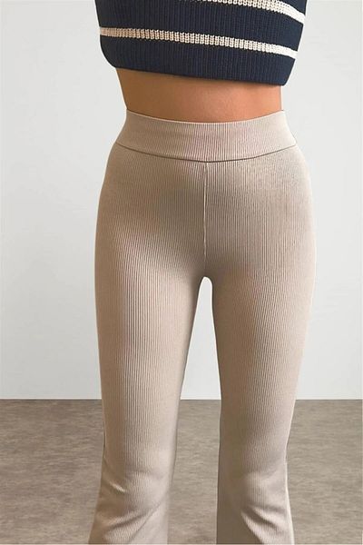 Trendy Butik Women's Winter Beige Spanish Leg Ribbed High Waist Leggings