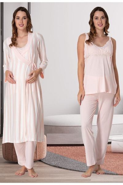 Lohussa Kadın Pudra Çizgili Askılı Pamuklu Hamile Lohusa Sabahlık,pijama Takı...