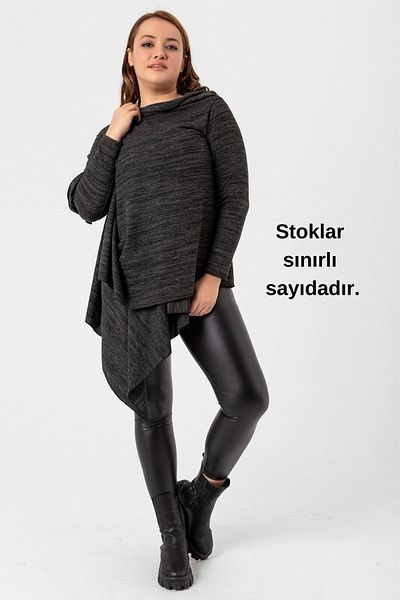 Laranor Anthracite Large Size Asymmetrical Loose Cut Knitwear Cardigan