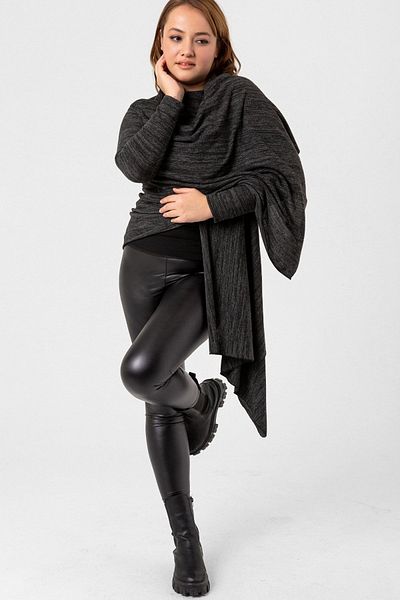Laranor Anthracite Large Size Asymmetrical Loose Cut Knitwear Cardigan