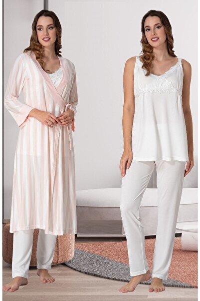 Lohussa Kadın Ekru Çizgili Askılı Pamuklu Hamile Lohusa Sabahlık,pijama Takım...