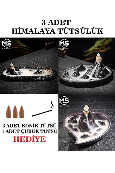 Main Collectibles Himalaya 3'lü Set Kalp Dağ Temalı Geri Akış Tütsülük Siyah ...
