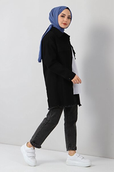 Modamihram Tassel Detailed Denim Jacket Black 6011