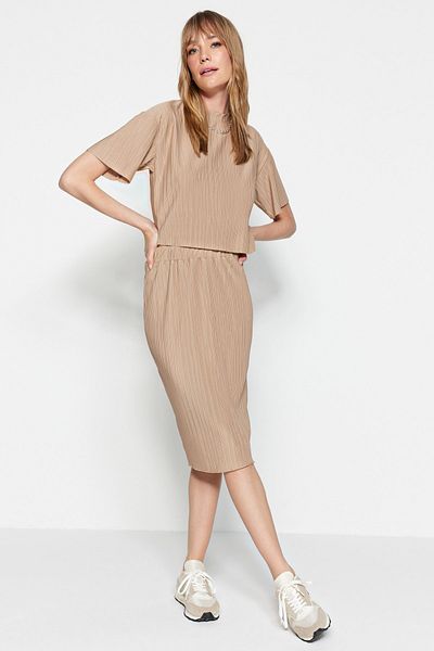Trendyol Collection Mink redőzött normál derekú Midi kötött ceruzaszoknya TWOSS23ET00099