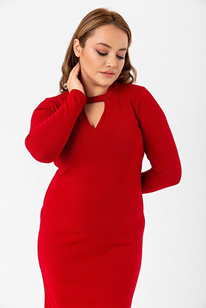 Laranor Kırmızı Büyük Beden V Yaka Triko Elbise