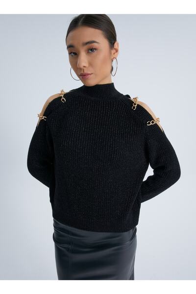 Moda Days Tricotaje tricotate cu sclipici negre - Pulover de damă cu lanț de umeri