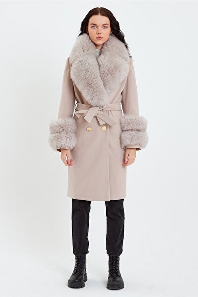nero leather fur Vizon Rengi Kaşe Kaban Yaka Ve Kollar Kürklü Çıkarılabilir (...
