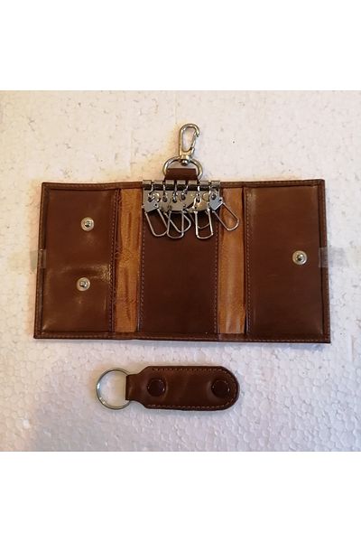 Bond Unisex Genuine Leather Brown Antique Single Snap Three Hidden Eye 6 Silver Metal Hook Belt Strap Keychain