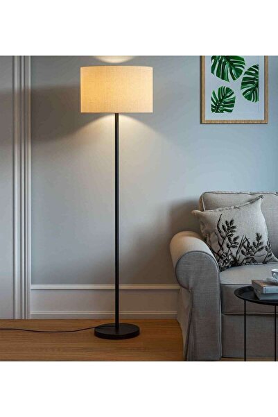 RİOLİGHT Retro Rustik Kumaş Başlık Siyah Metal Gövde Lambader Köşe Lambası