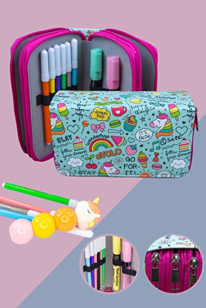 OneSize Kalem Kutusu #yolo Unicorn Kawaii Vegan Deri Üç Bölmeli (kalemlik)