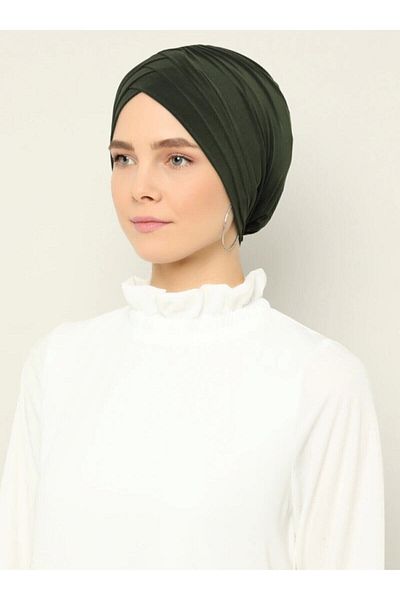 Naciye Sultan Crossed Three-Striped Sea Bonnet Ready-made Hijab Hijab Bonnet Khaki