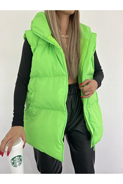 Mekafashion Oversize Fermuar Detay Kapitone Şişme Yelek Neon Yeşil