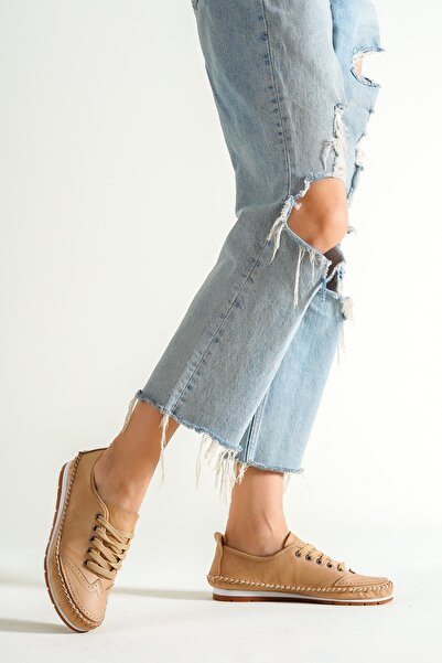 Deripabuc Genuine Leather Beige Women's Leather Ballerinas Dp16-0061